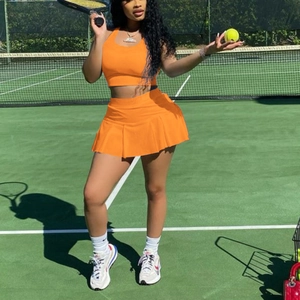 Women Sexy Sporty Top And Bottom Sleeveless Backless Tank Top And Pleated Tennis Skirt Solid Color Polyester Summer Outfit