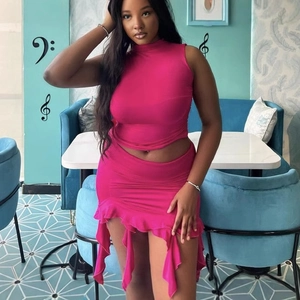 Hot pink sleeveless crop top and ruffled bodycon mini skirt two-piece fashion set for women