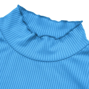 Detailed close-up of bright blue ribbed knit fabric with delicate lettuce edge collar