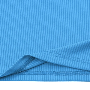 Detailed macro shot of blue ribbed knit fabric texture with professional double stitching