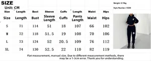 Detailed size chart in CM for the printed hoodie and jogger pants two-piece track suit