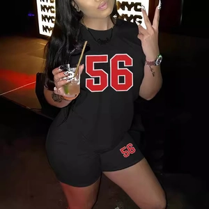 Women's black casual two-piece set with 56 number print T-shirt and tight biker shorts