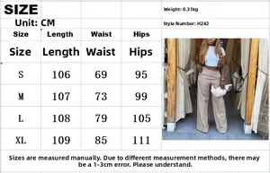 Size chart for high-waisted wide-leg trousers showing measurements from S to XL in CM