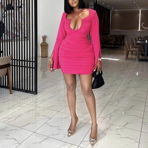 Sexy V Neck Cross Strap Ruched Long Sleeve Mini Dress Rose Red Slim Fit Bodycon Club Party Dress Polyester Spandex