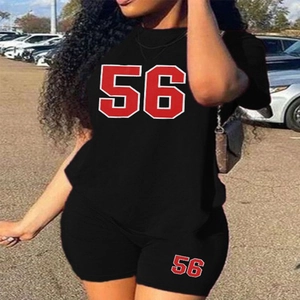 Women's black casual two-piece set featuring number 56 printed T-shirt and cycling shorts