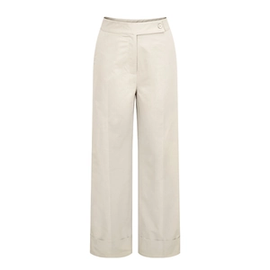 Detailed shot of high-waisted wide-leg trousers with vertical creases and cuffed hems