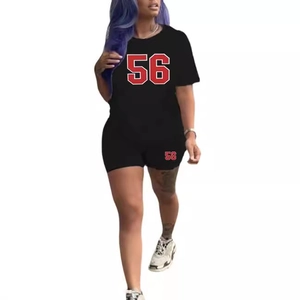 Women black two-piece sports set with number 56 print t-shirt and slim shorts