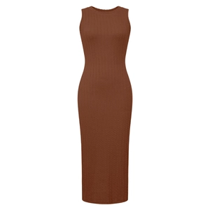 Detailed close-up showing the vertical ribbed knit texture of this brown sleeveless midi dress