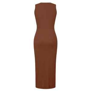 Detail view of back of a dark brown ribbed knit sleeveless bodycon maxi dress
