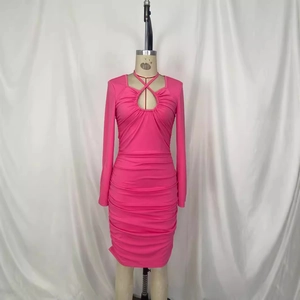 Sexy rose pink long sleeve V-neck mini dress with cutout cross detail and pleated texture
