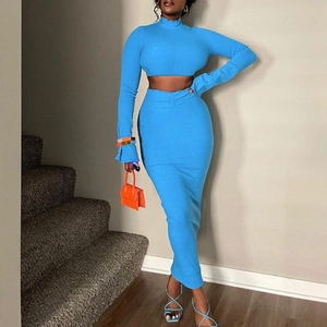 Women Sexy Blue Ribbed Top And Bottom Slim Fit Long Sleeve Crop Top And High Waist Long Skirt Solid Color Elegant Outfit