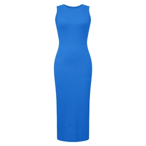 Close-up of royal blue knit maxi dress showing ribbed texture and sleeveless design
