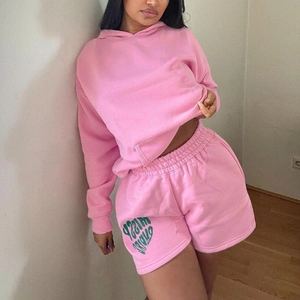 Women's Casual Printed Hooded Sweatshirt And Shorts Two-Piece Set Long Sleeve Hoodie Sports Loungewear Outfit