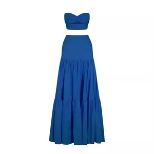 Ensemble haut bustier et jupe longue à volants bleu roi pour tenue de plage femme