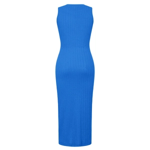 Detail view of the back of a blue cable knit sleeveless maxi dress with slim fit texture