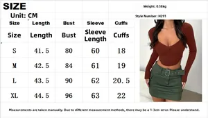 Detailed size chart for the women knitted long sleeve crop top with measurements in cm