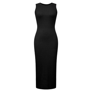 Close-up of black cable-knit sleeveless dress showing detailed texture and crew neck