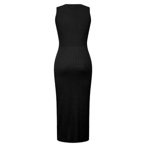 Detailed view of black cable knit texture on a slim fit sleeveless bodycon dress