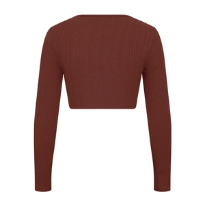 Detail view of the ribbed knit texture on the back of this brown long sleeve crop top