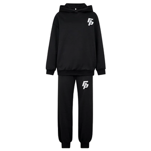 Detail of black cotton tracksuit set featuring white FP logo print on hoodie and joggers