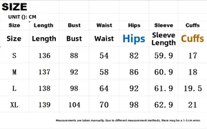 Detailed size guide table for deep V-neck maxi dress showing S to XL measurements in CM