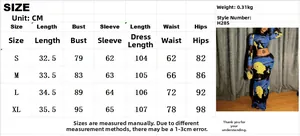 Size chart table for long sleeve crop top and bodycon skirt set with abstract prints
