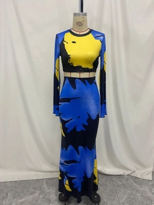 Detail of slim fit two-piece set with yellow and blue abstract art print on mannequin