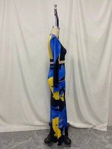 Detail view of long sleeve crop top and bodycon skirt set with abstract art print pattern