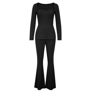 Women's black rib-knit set with heart-neck long sleeve top and flared leggings