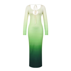 Detail of green ombré maxi dress featuring a sexy cutout and lace-up chest design