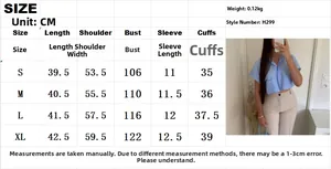 Detailed size chart for women's short sleeve shirt showing measurements for S to XL sizes