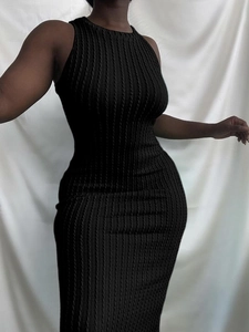 Women Sexy Sleeveless Knit Maxi Dress Round Neck Bodycon Solid Color Ribbed Cable Knit Dress For Summer Party Daily Casual