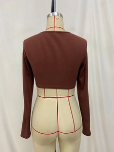 Detail view of the brown ribbed knit fabric and stitching on this long sleeve crop top