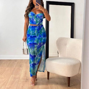 Women Sexy Blue Marble Tie-Dye Print Top And Bottom Slim Fit Crop Camisole And Side Slit High Waist Long Skirt Vacation Set