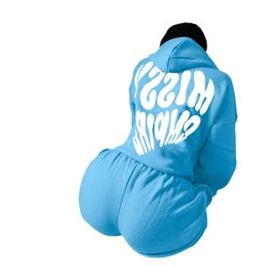 Light blue two-piece hoodie and sweatpants set featuring white back logo print