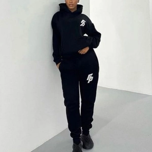 Men's black hooded sweatshirt and jogger set with white FP logo print sports suit