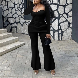 Sexy Ribbed Long Sleeve Square Neck Crop Top And High Waist Flared Leg Pants Black Outfits For Women Street Style Ensemble