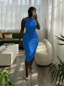 Sleeveless blue rib-knit bodycon midi dress for women featuring a minimalist round neck