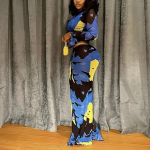 Detail of the abstract marble print on bodycon crop top and maxi skirt set
