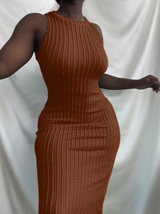 Women's summer slim fit sleeveless knit maxi dress in dark coffee brown with ribbed texture