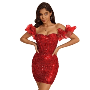Deep red sequined off-shoulder mini dress with corset bodice and ruffled sleeves for parties
