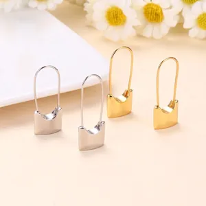 Lock Dangle Earrings Brass 18K Gold Plated Safety Pin Shape High Polished Minimalist Vintage Style Jewelry