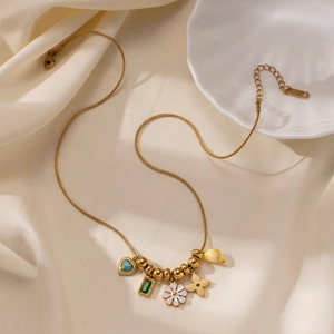 Collier en acier inoxydable plaqué or 18k avec pendentif tournesol et perles