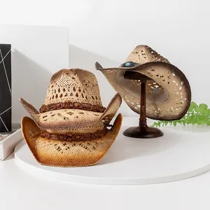 Western Cowboy Straw Hat For Women Hollow Out Breathable Wide Brim Sun Protection Retro Gradient Design Bead Turquoise