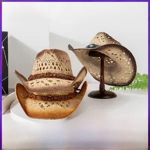 Western Cowboy Straw Hat For Women Hollow Out Breathable Wide Brim Sun Protection Retro Gradient Design Bead Turquoise