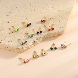 Set of twelve pairs of colorful stainless steel stud earrings with brilliant round crystals
