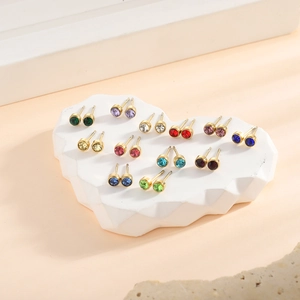 Set of 12 pairs of minimalist colorful round gemstone stud earrings in gold finish