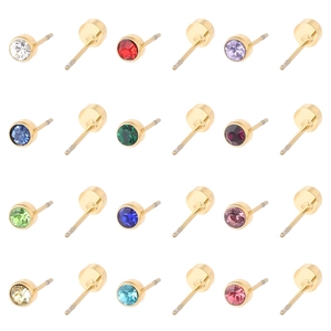 Set of twelve multi-color zircon stud earrings in gold-plated stainless steel settings