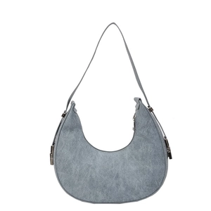 Minimalist blue-grey crescent shoulder bag with matte finish and silver buckles