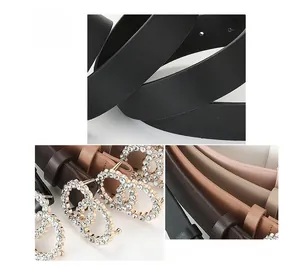 Close-up of sparkling rhinestone-encrusted double-C buckle and grain leather texture